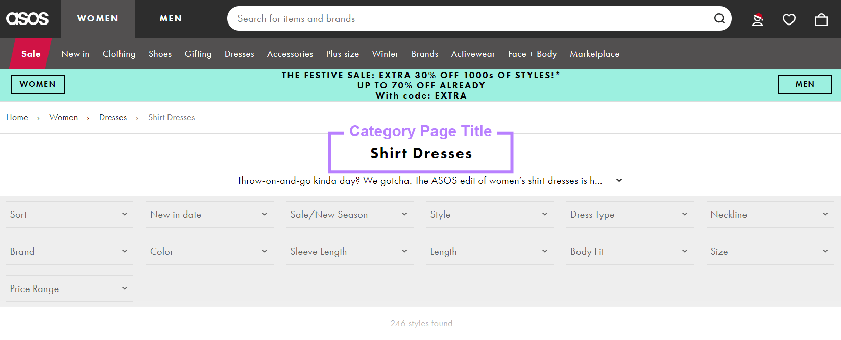 Webpage with the category page title, "Shirt Dresses," highlighted