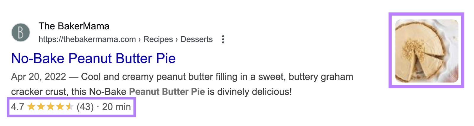 A SERP listing for a peanut butter pie recipe.