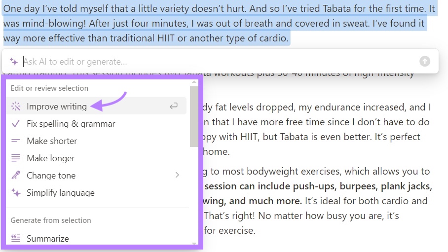 "Edit or review selection" drop-down on Notion with "Improve writing" selected from the options.