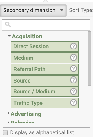 secondary dimensions drop down