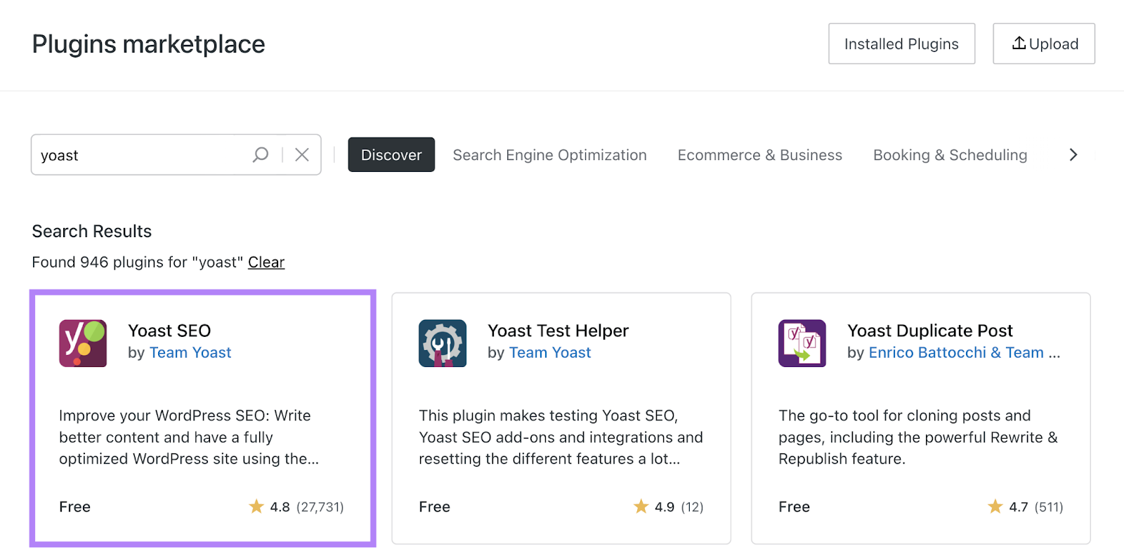 Yoast SEO plugin highlighted in list