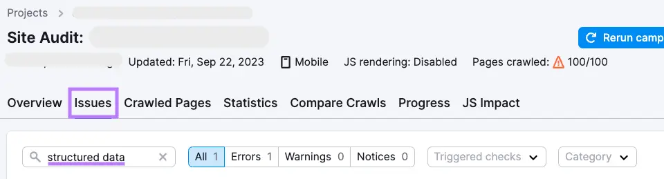 "structured data" entered into the search bar under the "Issues" tab