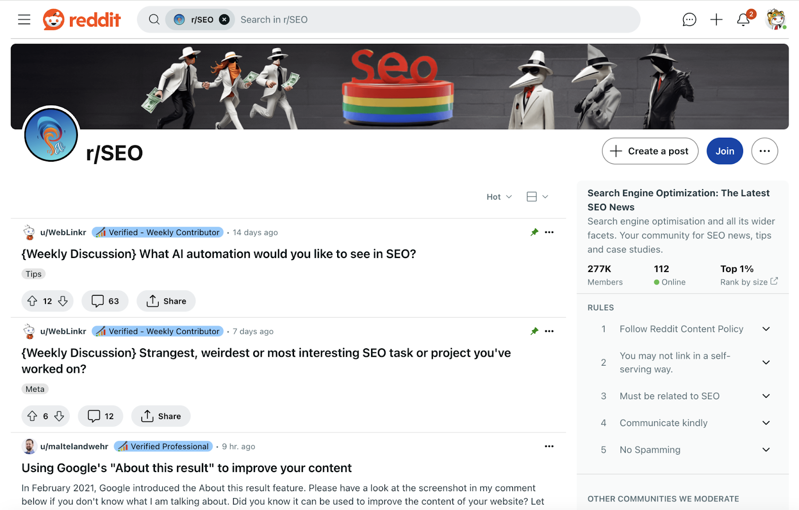 Reddit's SEO subreddit with topics listed.