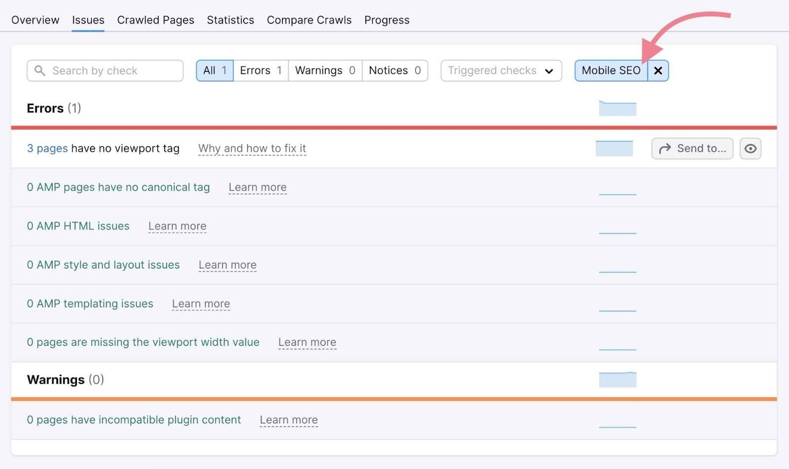 "Mobile SEO" selected as the category on Site Audit Issues showing a list of related issues