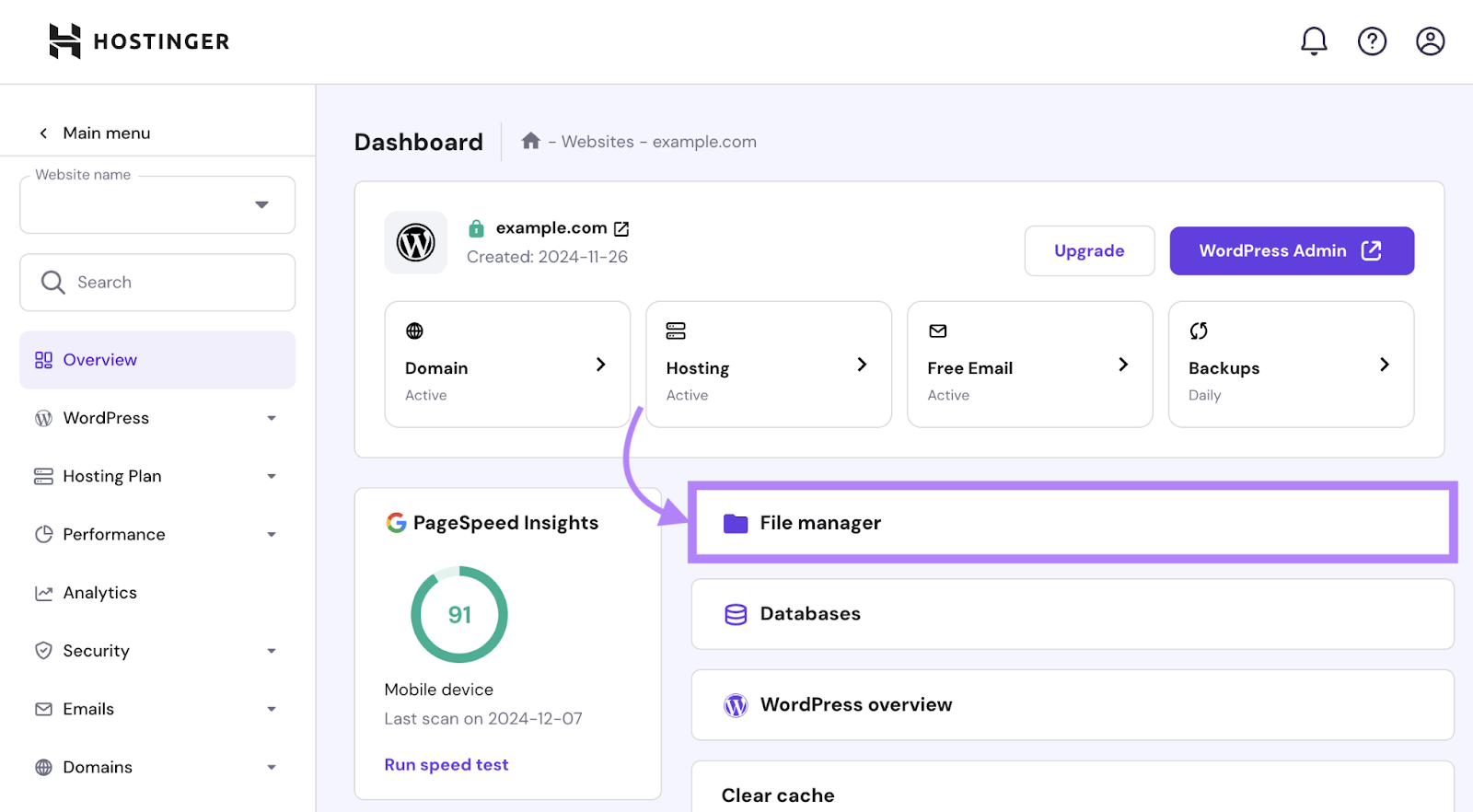 File manager folder appears in the Hostinger dashboard for a website.