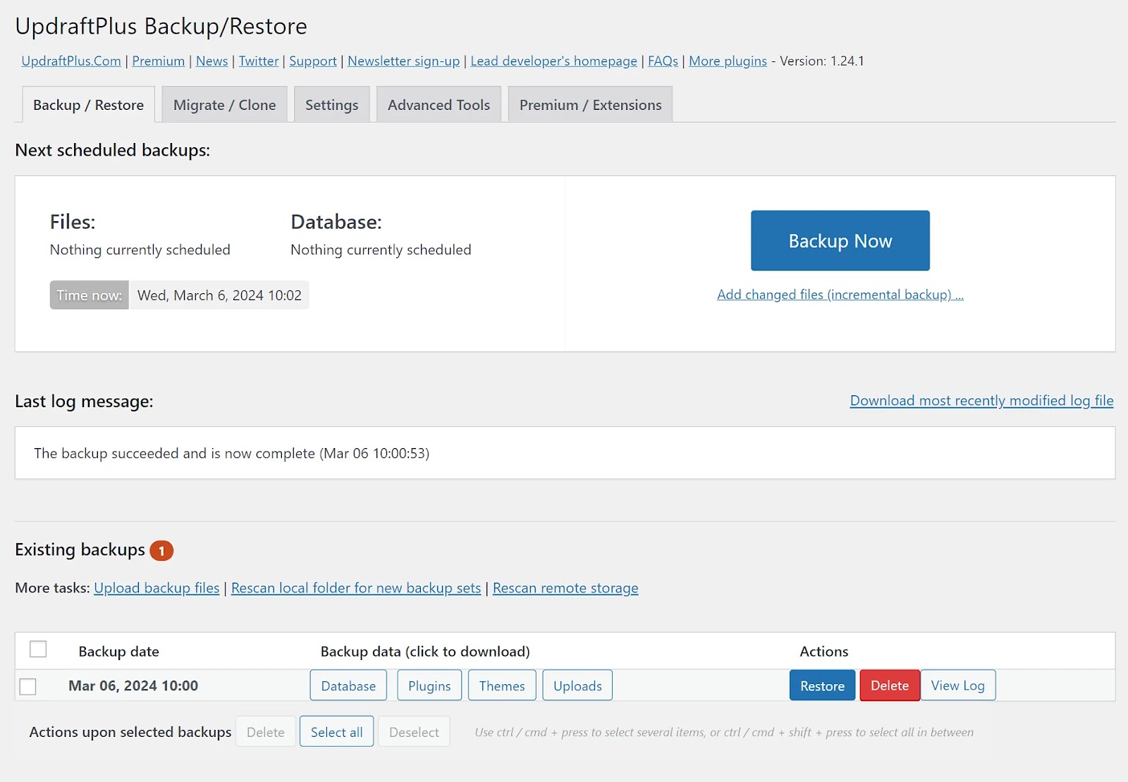 UpdraftPlus’s backup interface