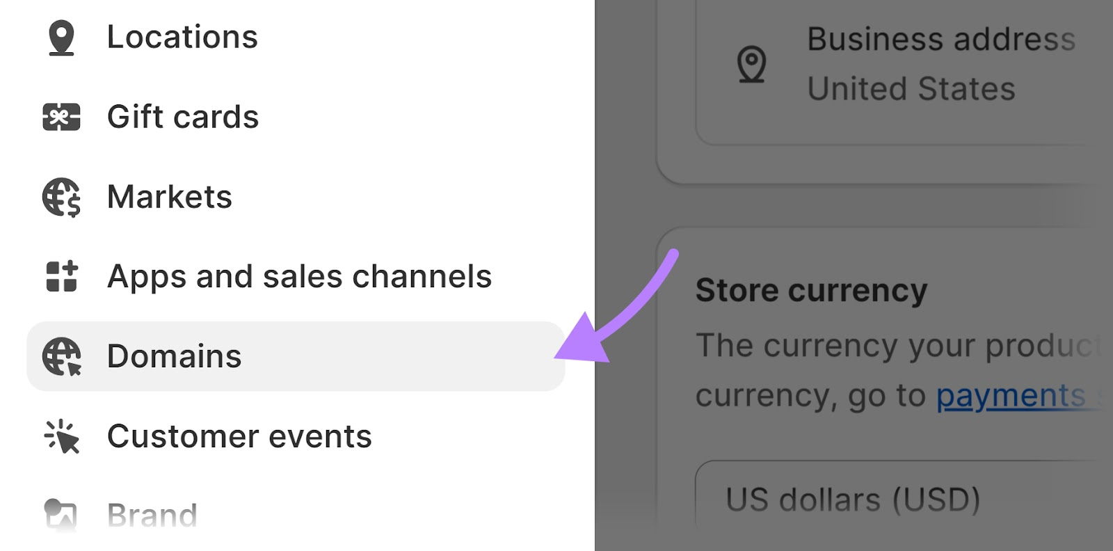 "Domains" selected from Shopify admin dashboard