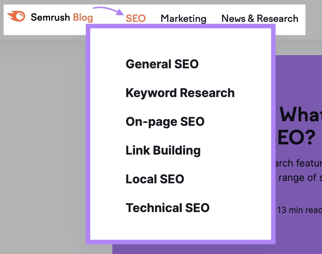 categories and subcategories on Semrush's blog with "SEO" clicked showing subcategories like keyword research, on-page SEO etc.