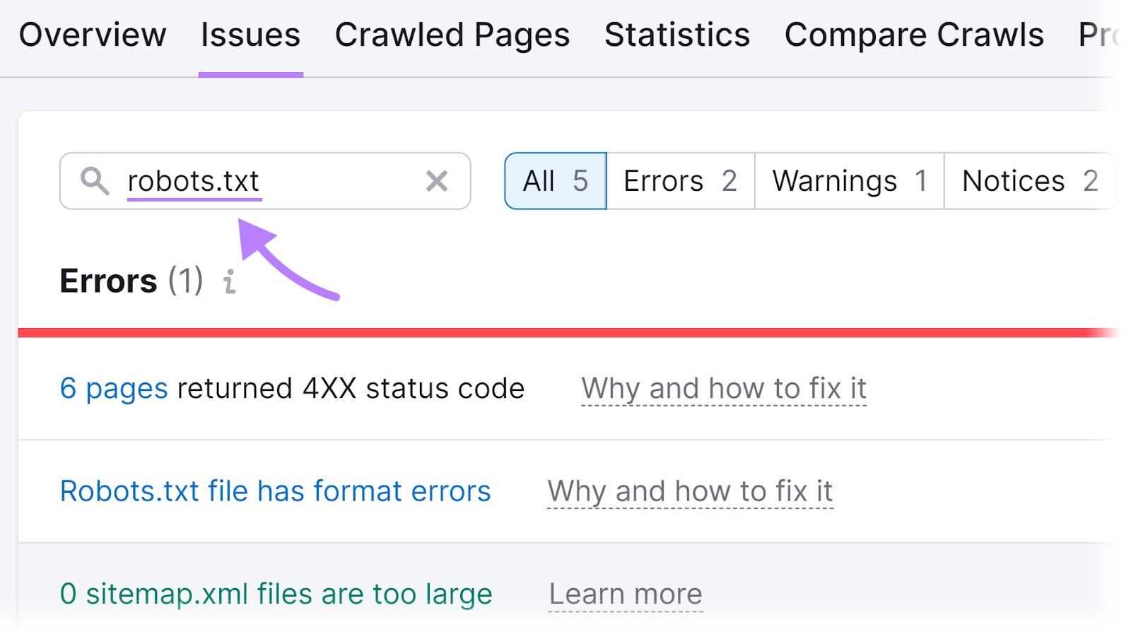 Results for "robots.txt" under "Issues" tab