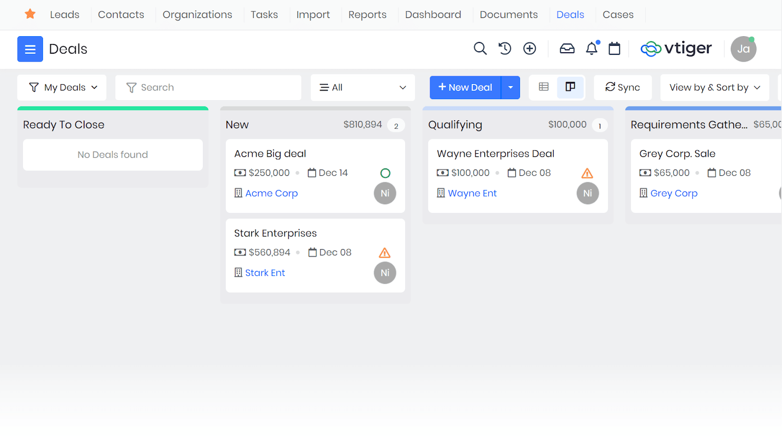 Deals dashboard in Vtiger