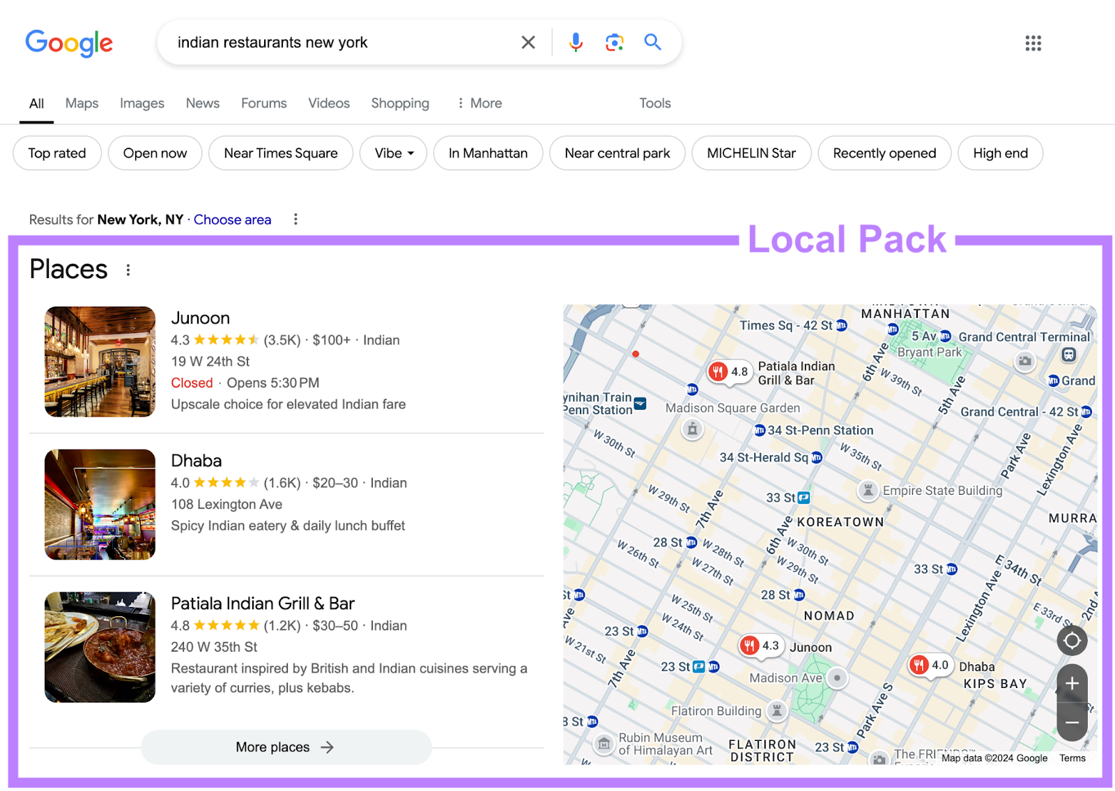 Local pack SERP feature includes 3 places and their location in Google Maps.