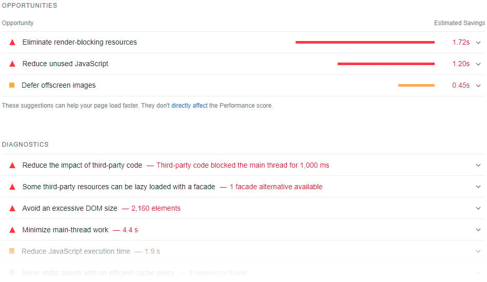 "Opportunities" and "Diagnostics" sections of PageSpeed Insights's Core Web Virals assessment