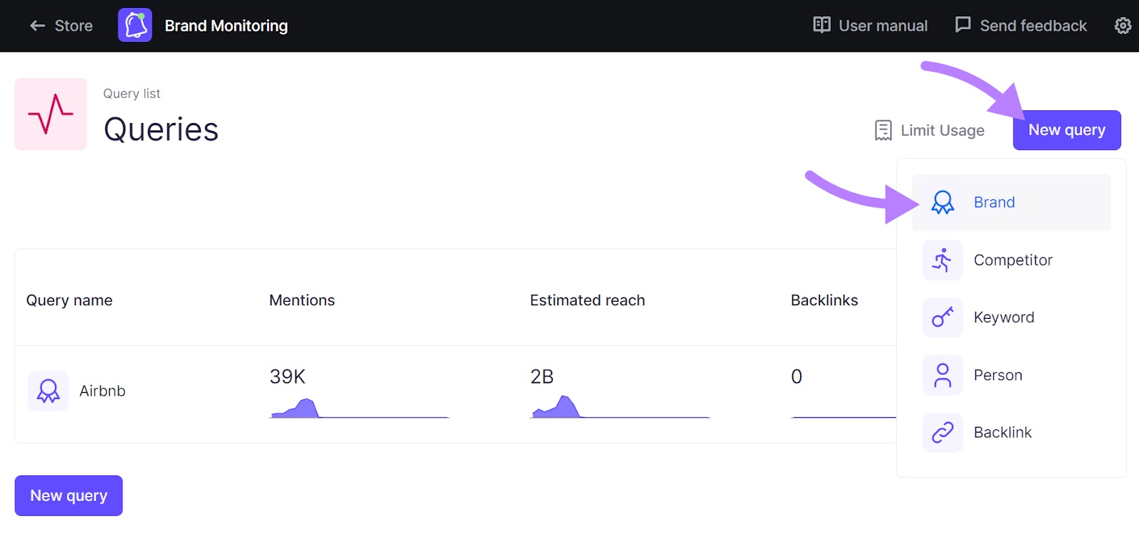 "New query" > "Brand" selected in the Brand Monitoring app