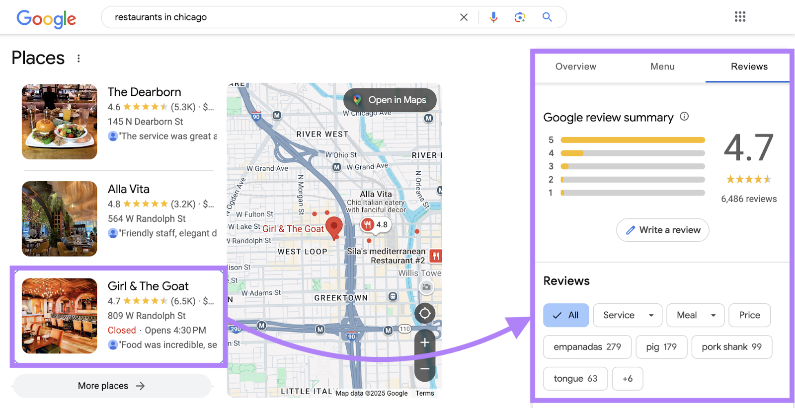 A Google Business Profile is open from the local map pack and shows customer reviews.