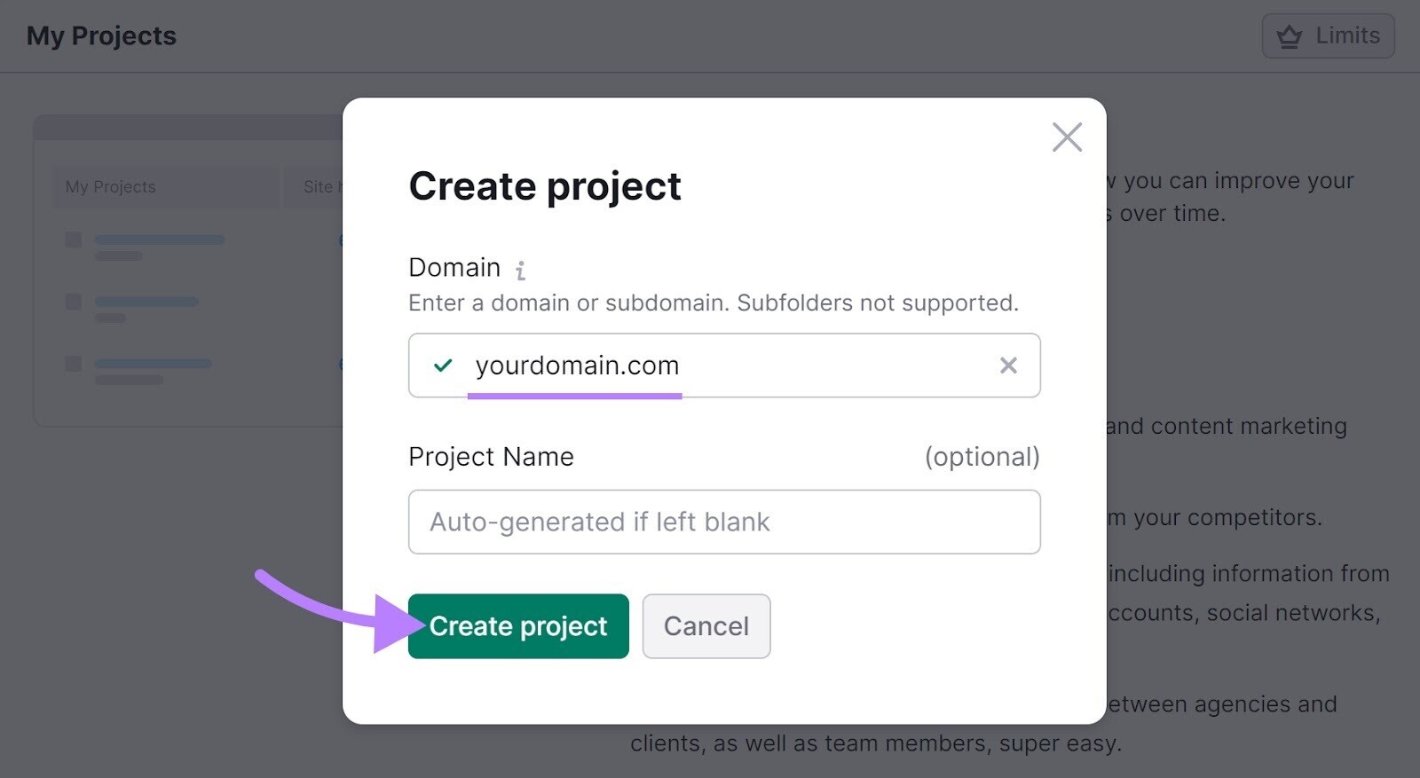 "Create project" popup window