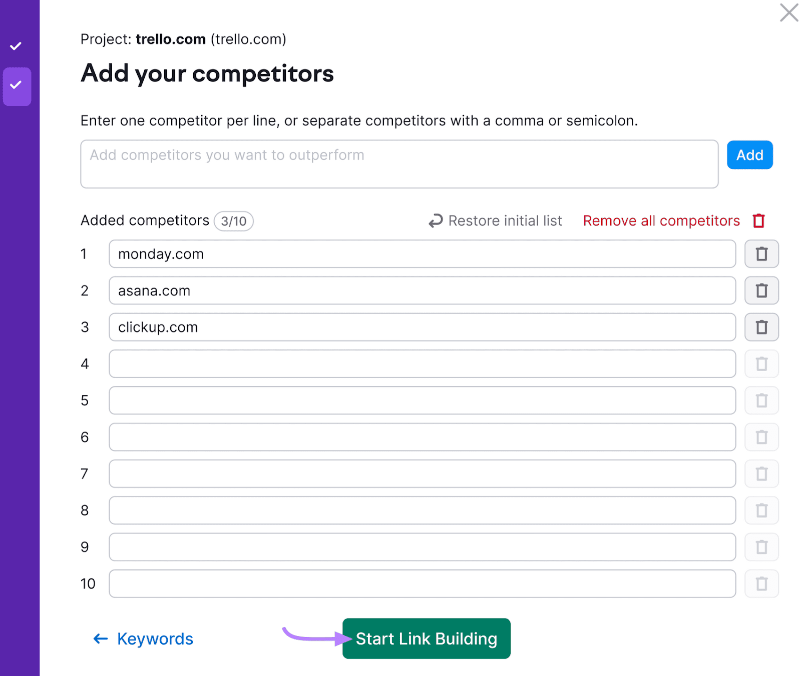 Link Building Tool UI for adding competitors to a project, showing input fields and a "Start Link Building" button.