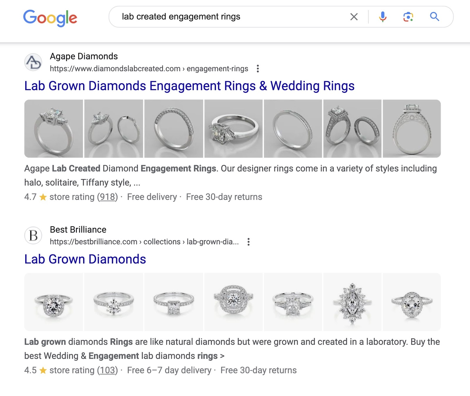 Google organic search results for 'lab created engagement rings' keyword