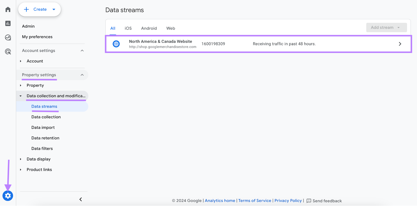 Navigating to “Admin” > “Property settings” > “Data collection and modification” > “Data streams”