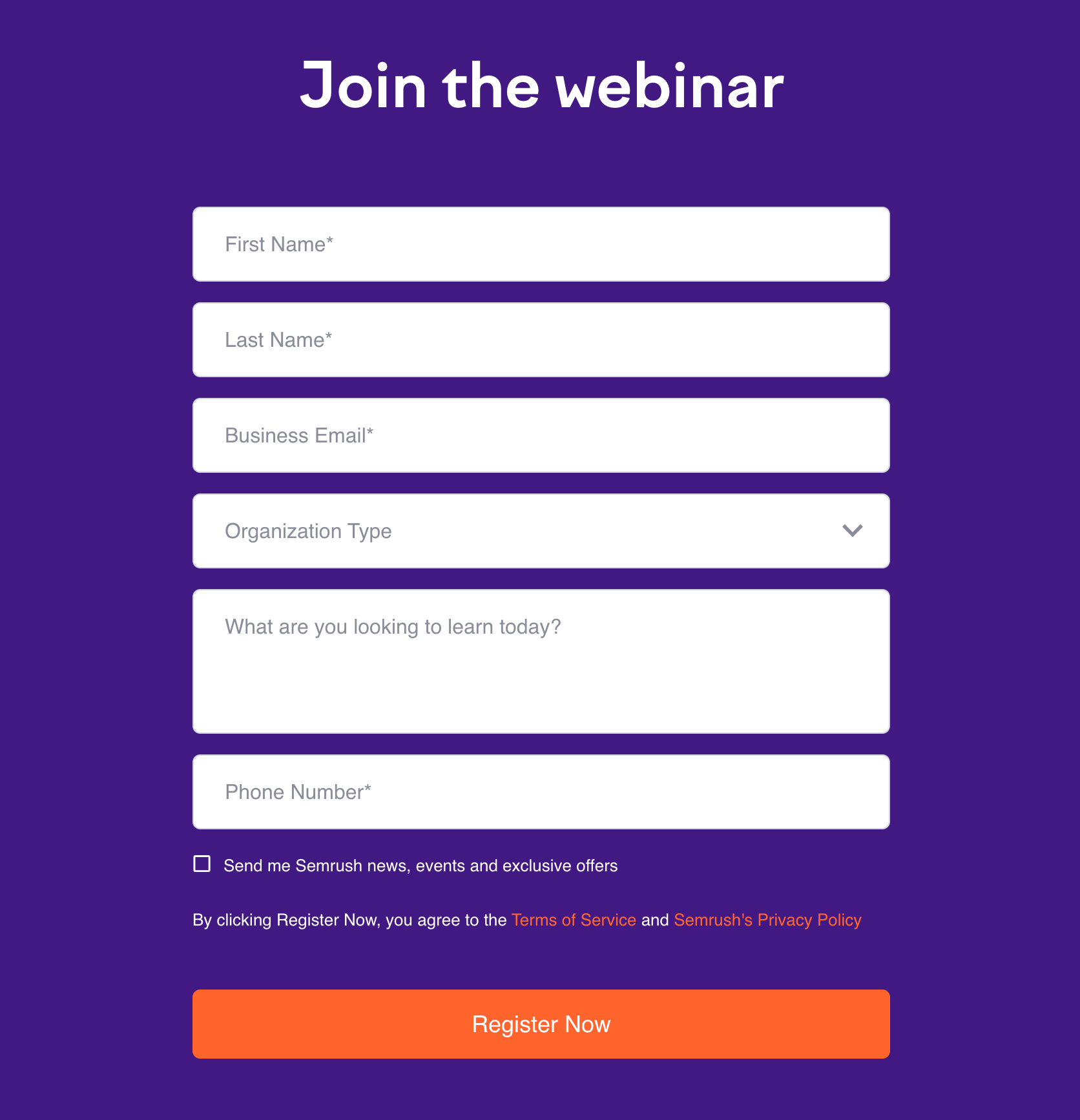 Semrush's webinar registration form