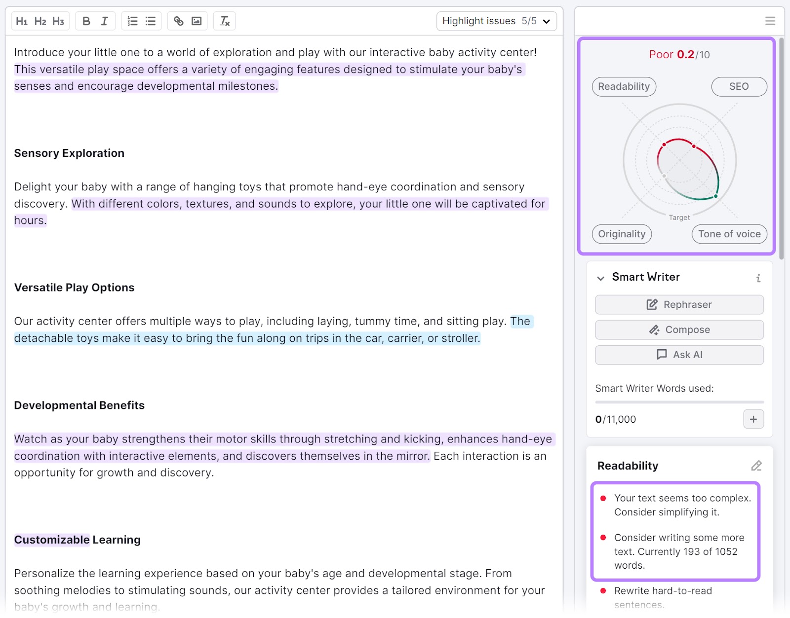 SEO Writing Assistant tool gives recommendations on how to improve SEO, readability, originality, and tone of voice