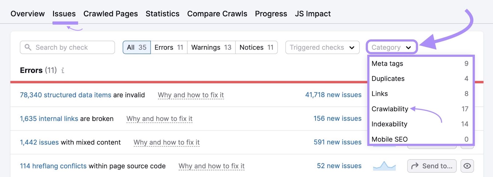 "Crawlability" selected under "Category" in Site Audit's issues tab