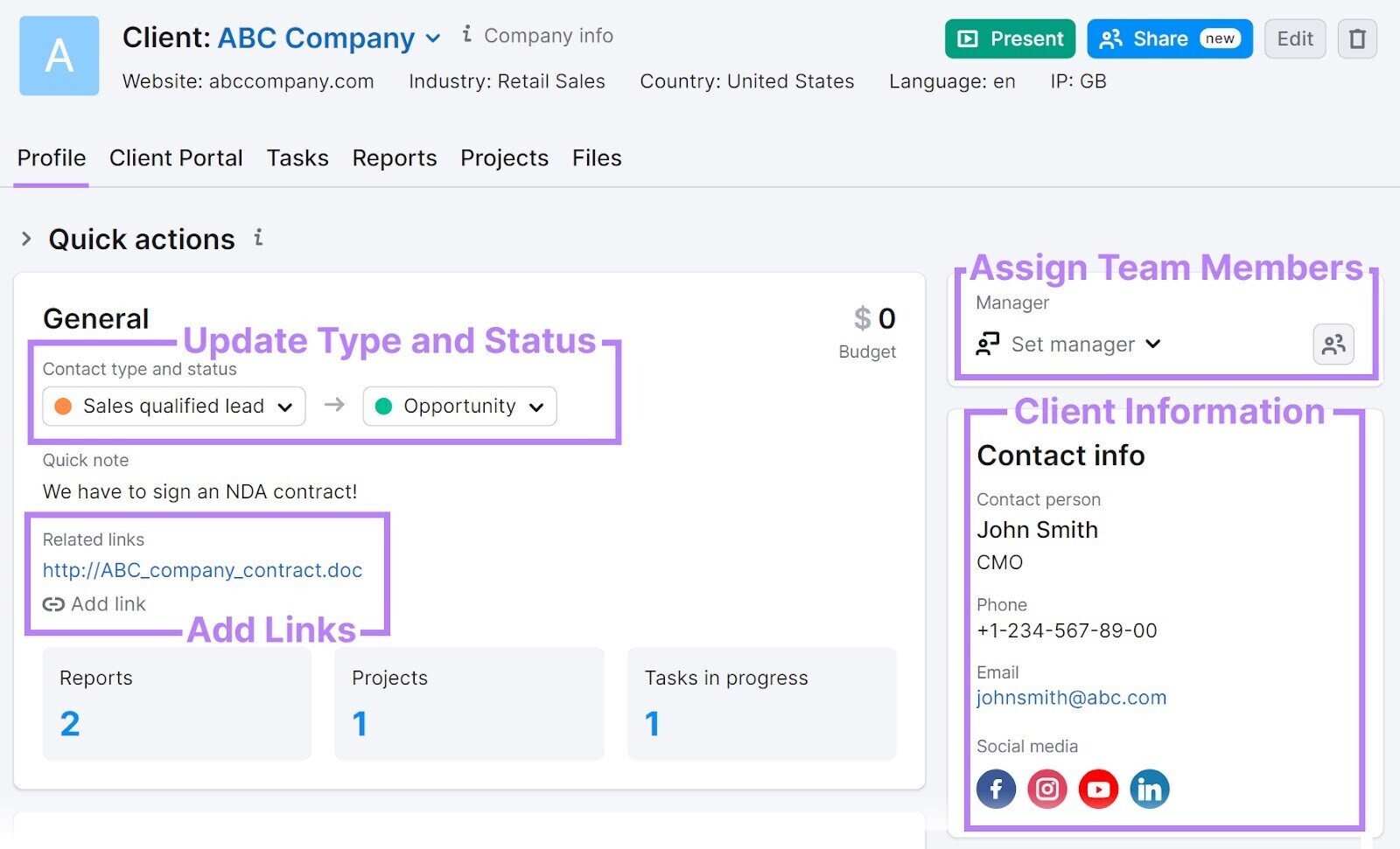 Semrush CRM "Profile" dashboard