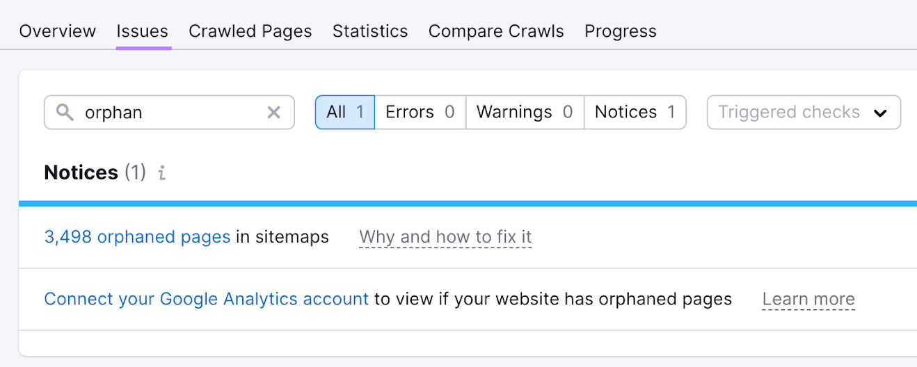 Searching for "orphan" under Site Audit's “Issues” tab