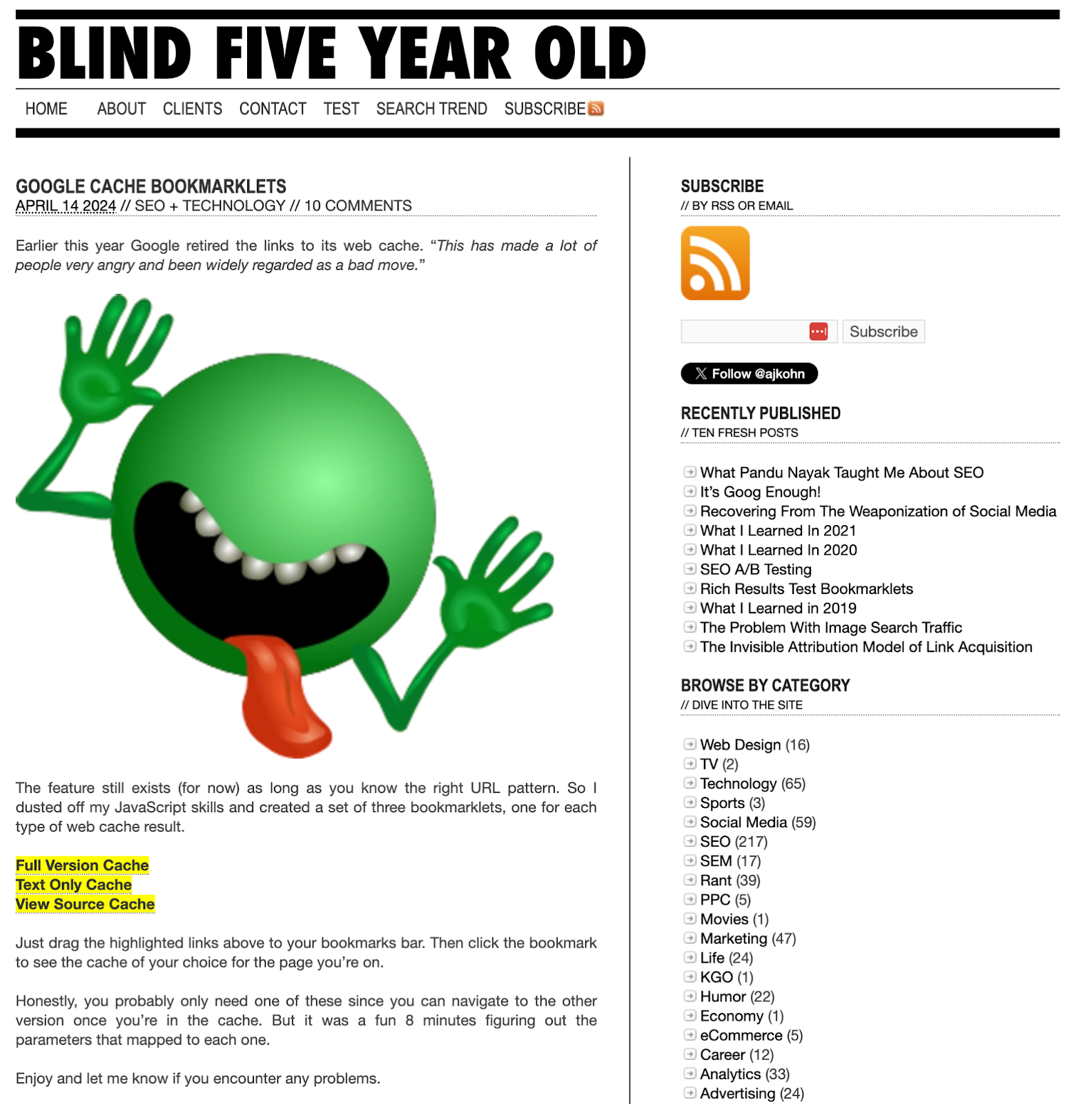 The Blind Five Year Old SEO blog homepage features an article about Google cache bookmarklets.