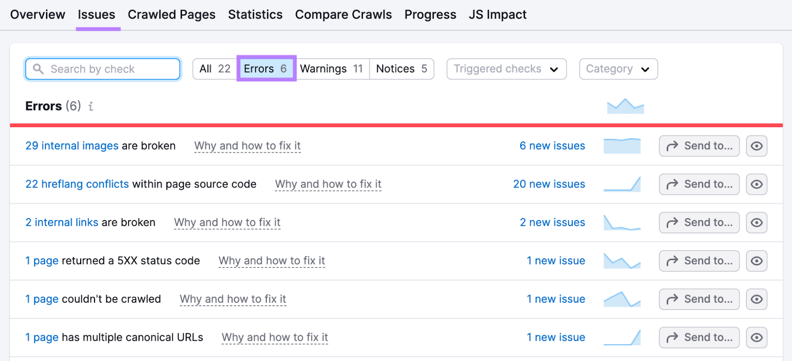 “Issues” report in Site Audit