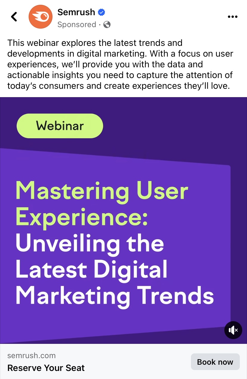 An ad for one of Semrush's webinars on Faceboo