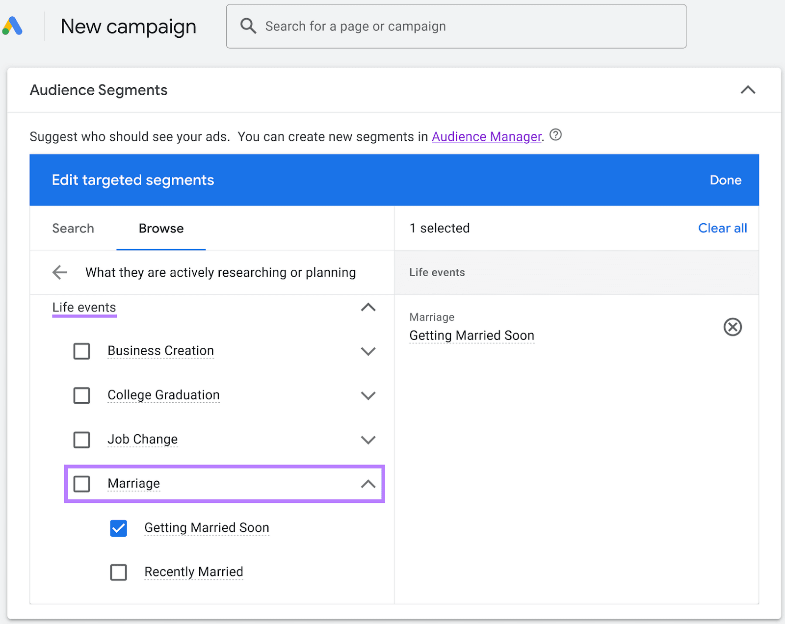 life events segment options in Google Ads