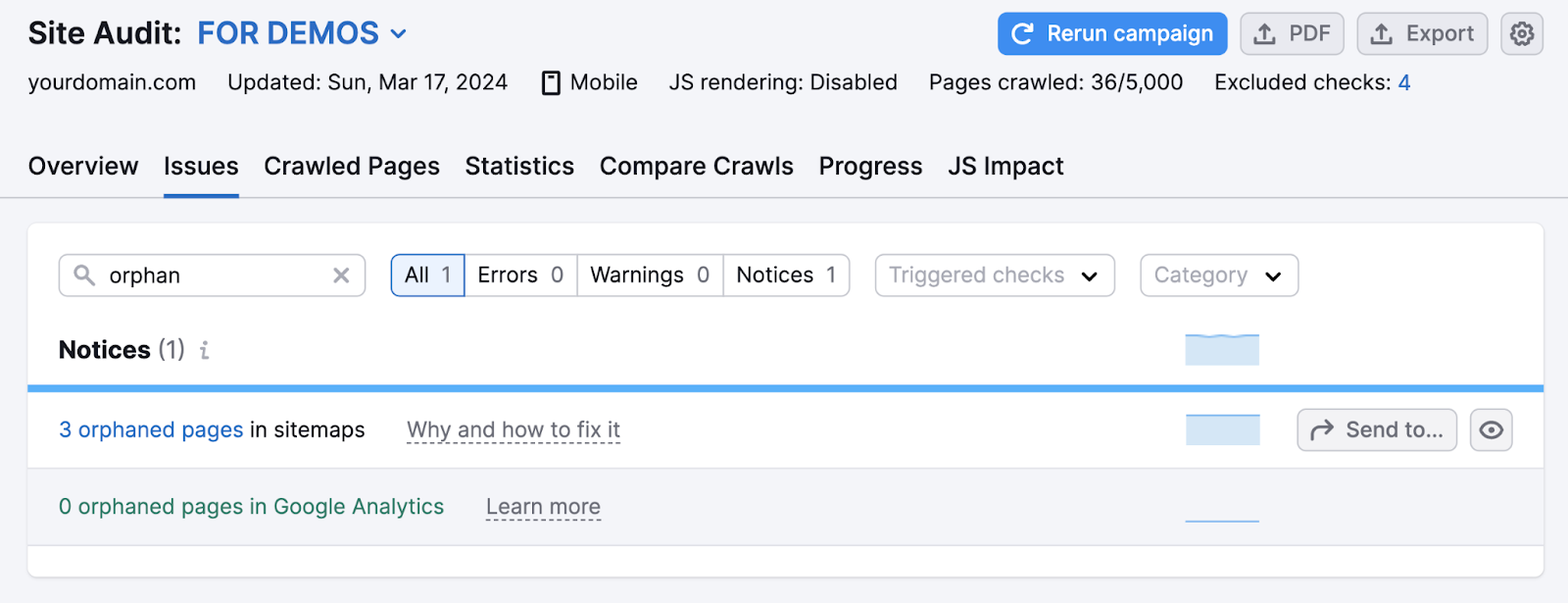 Searching for orphan pages in Site Audit tool's "Issues" report