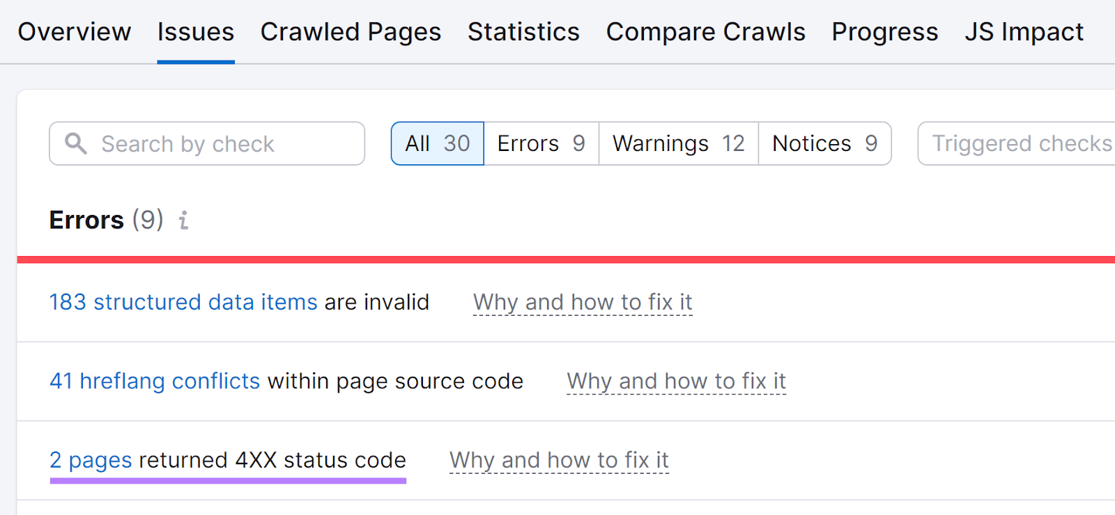 Site Audit results showing 2 pages with a 4xx status code error.