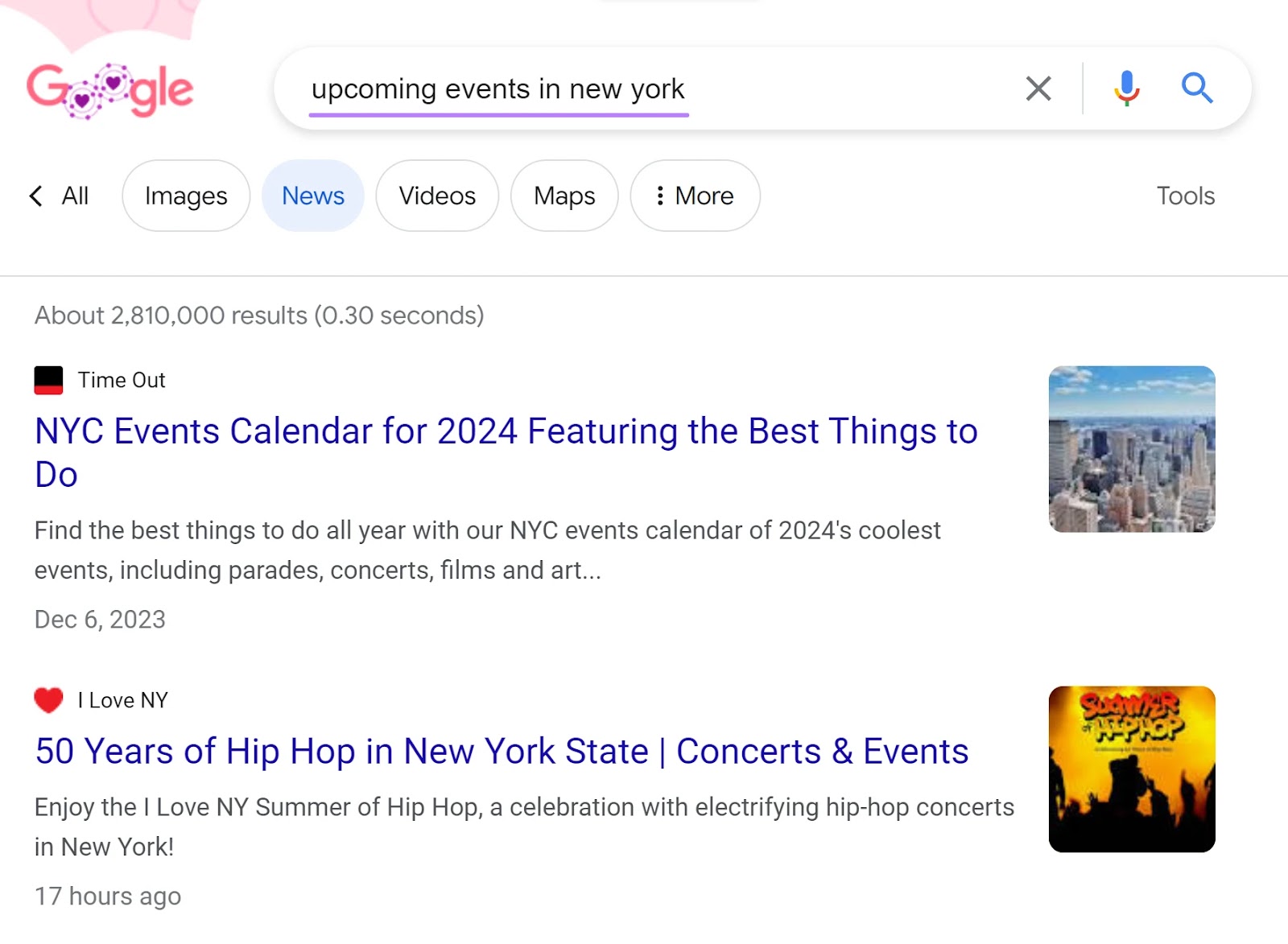 A section of Google's SERP showing results for “upcoming events in new york" query