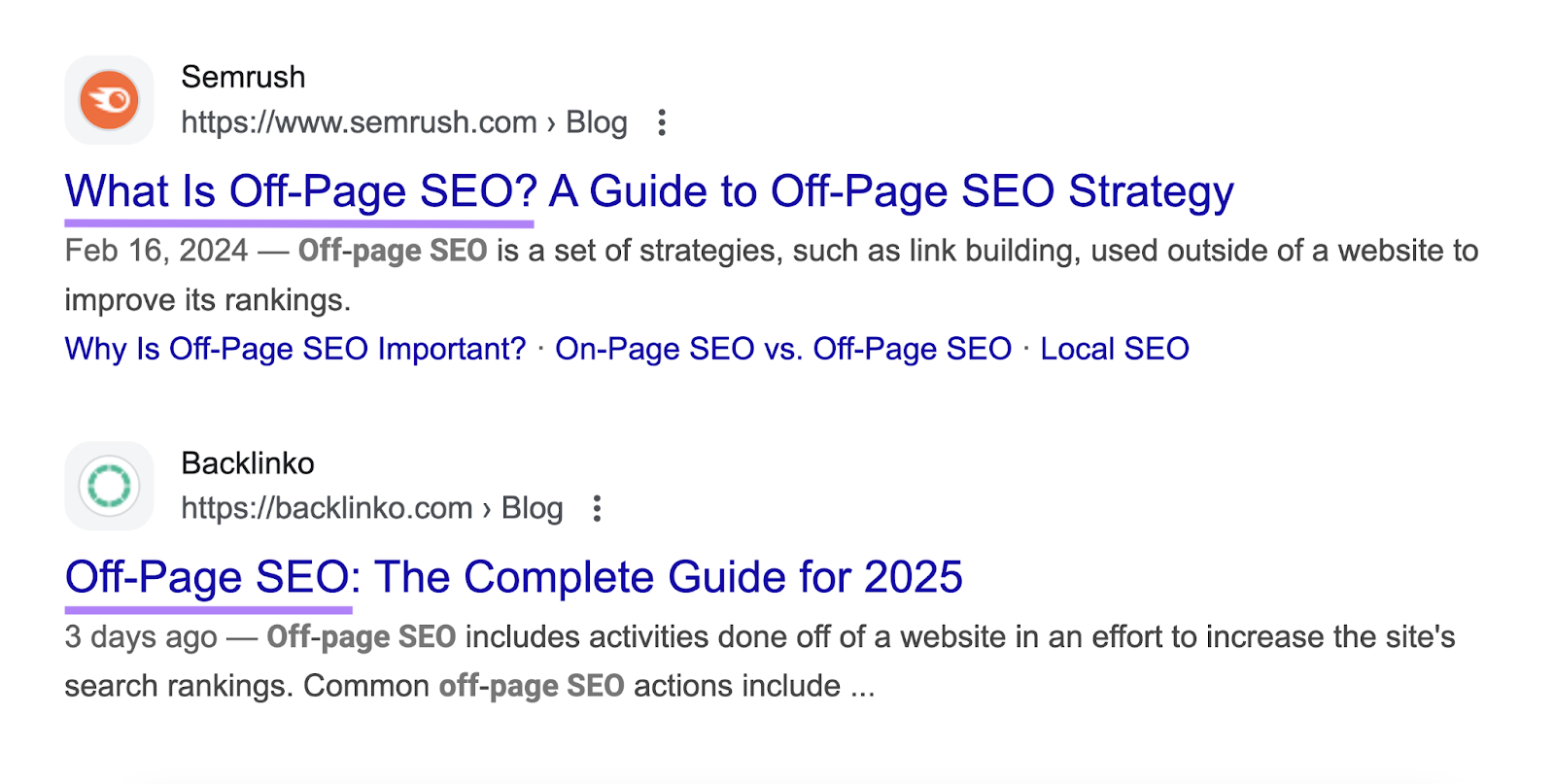 The "what is" title tag outranks another title tag updated recently that reads, "Off-page SEO: The complete guide for 2025."