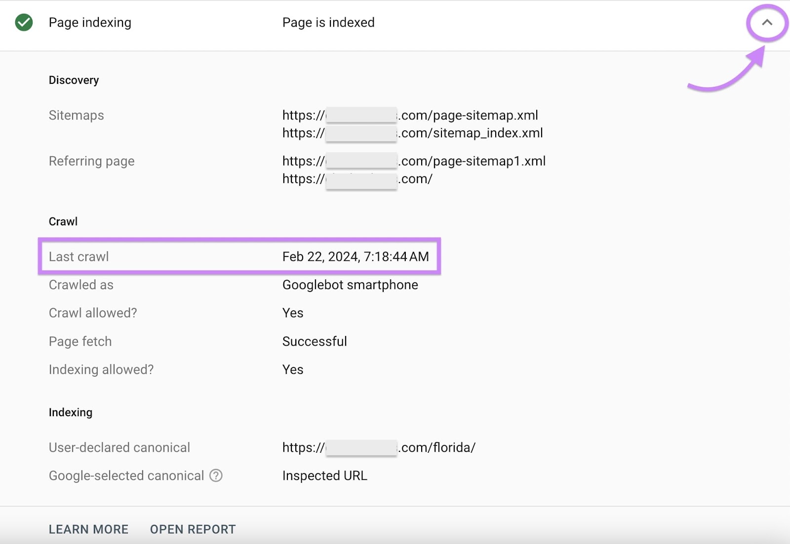 “Page indexing” drop-down menu showing when Google crawled the page