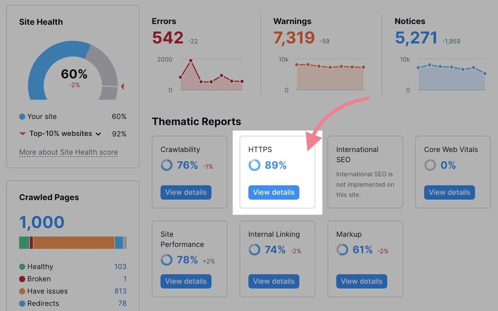 "HTTPS" under "Thematic Reports" on Site Audit clicked