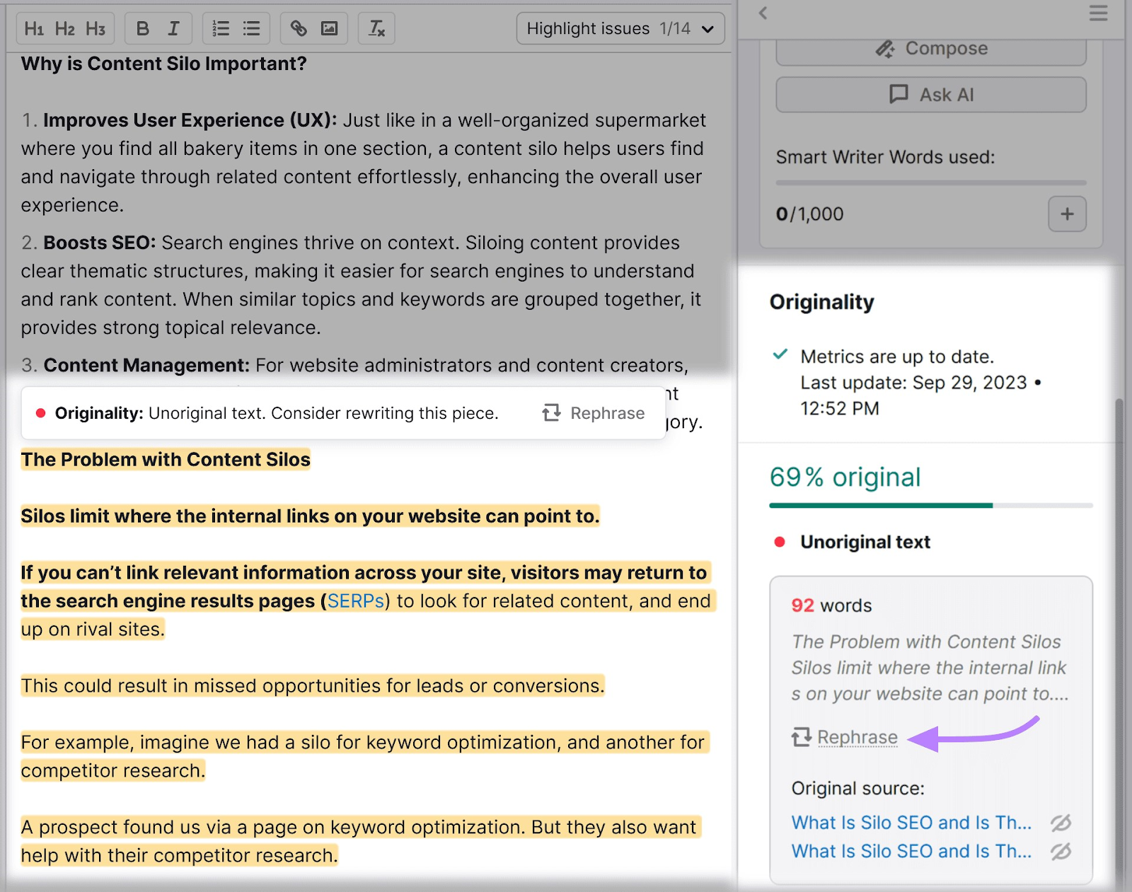 “Originality” section shows SEO plagiarism issues