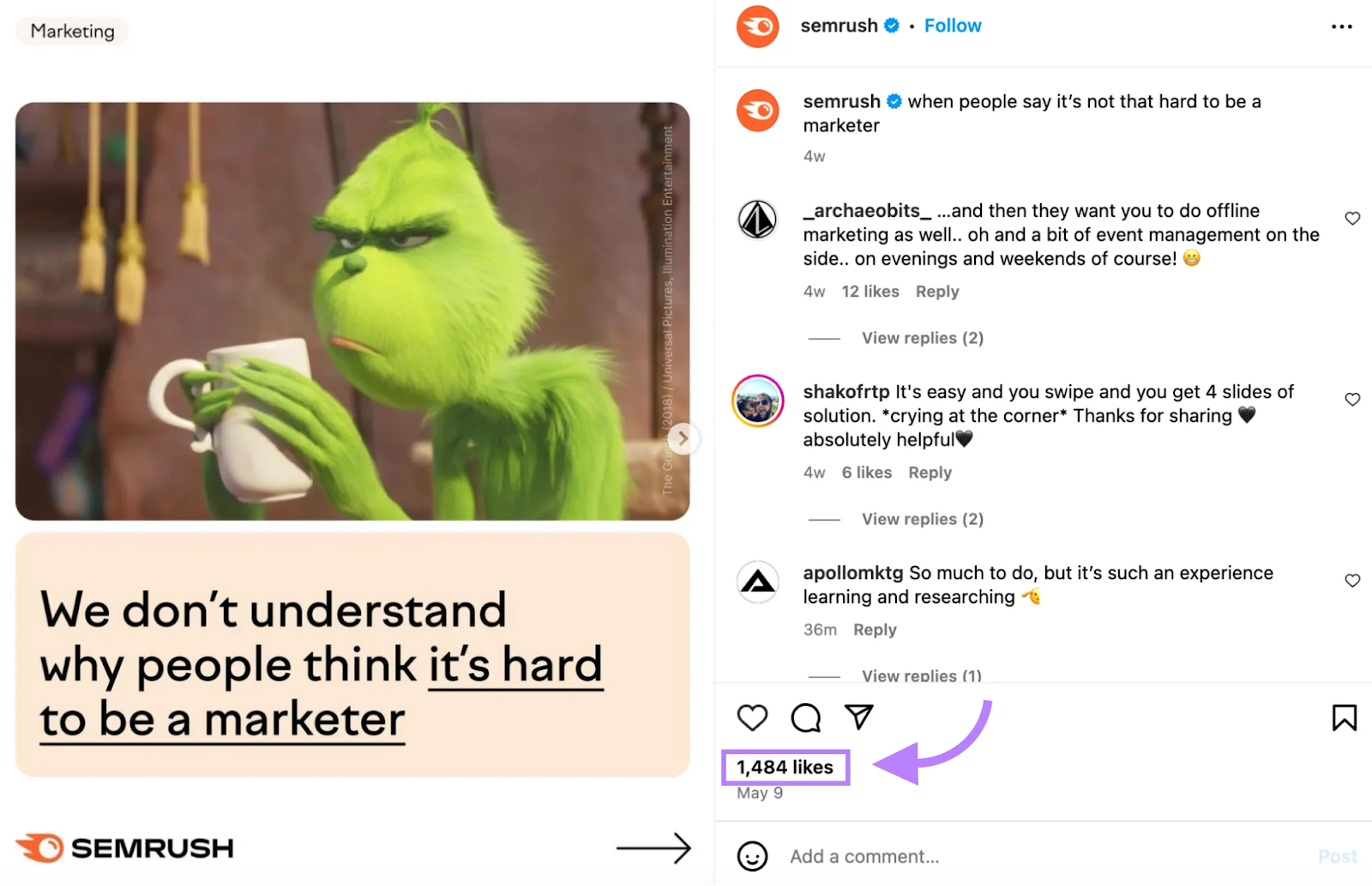 Semrush Instagram post with the number of likes highlighted.