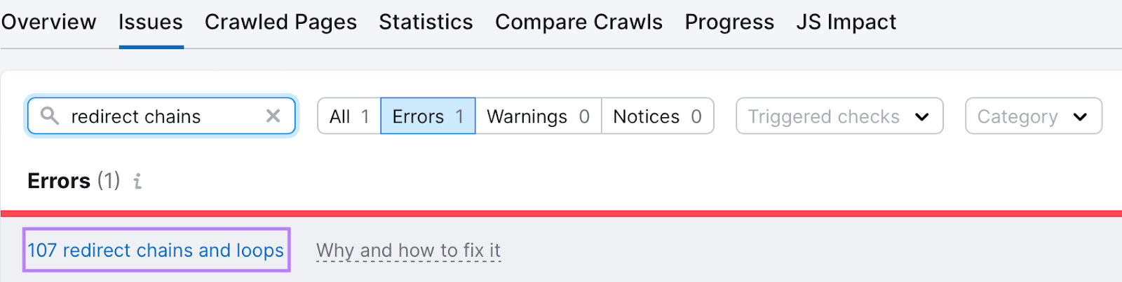 search for “redirect chains” is Site Audit shows 107 affected pages in this example