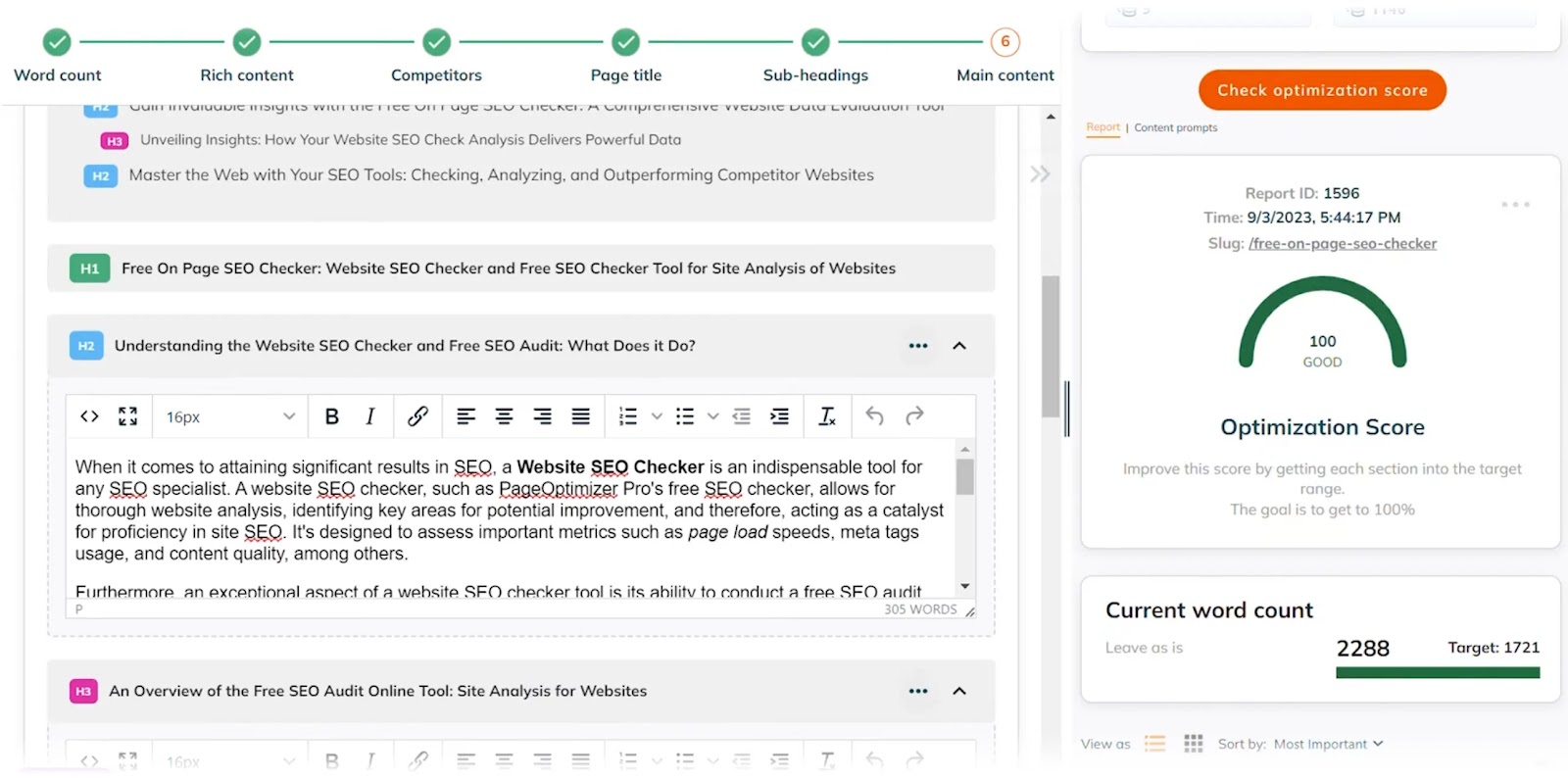 "Main content" section of the POP AI Writer tool showing the article draft, optimization score and word count