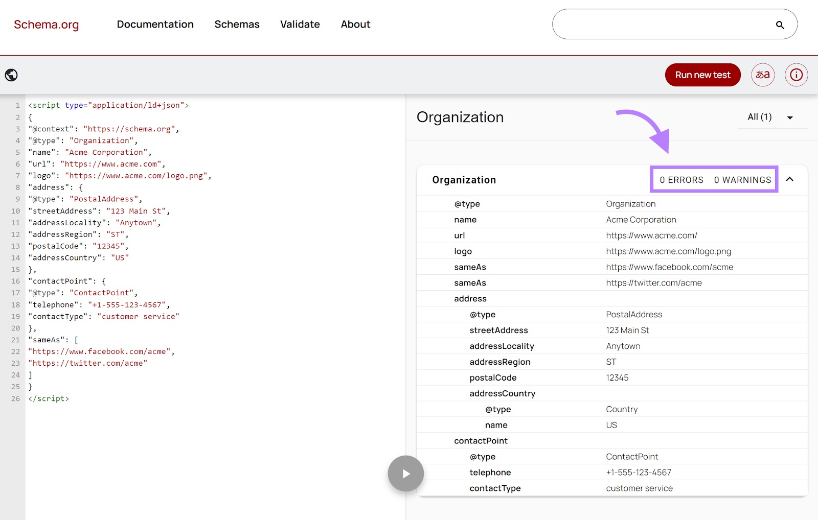 Schema Markup Validator tool with the "0 Errors 0 Warnings" section highlighted.