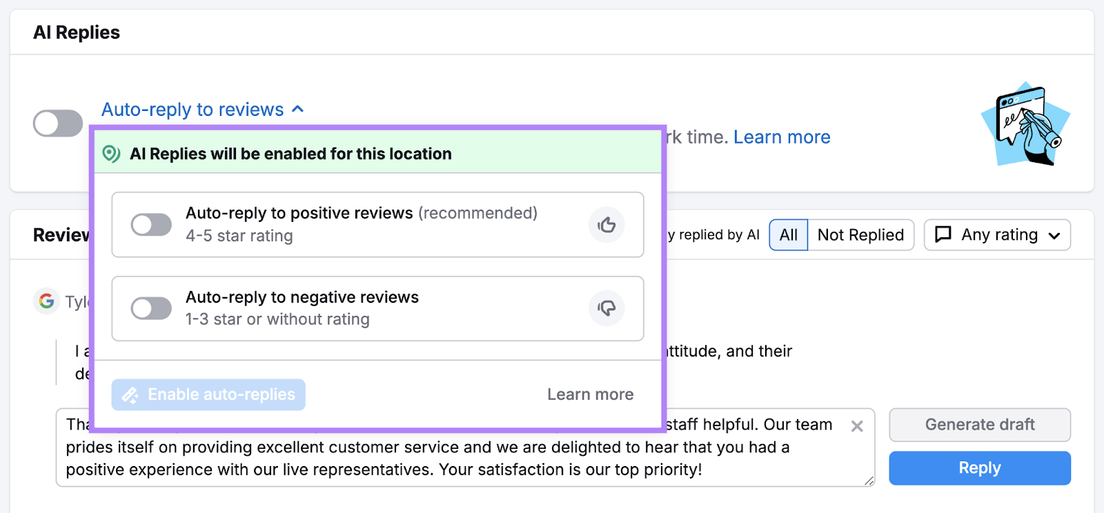 AI replies toggle buton options