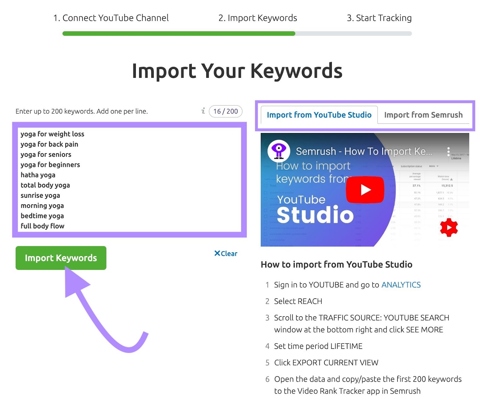 "yoga for weigh loss" "yoga for back pain" "yoga for seniors" and other keywords added to Rank Tracker for YouTube