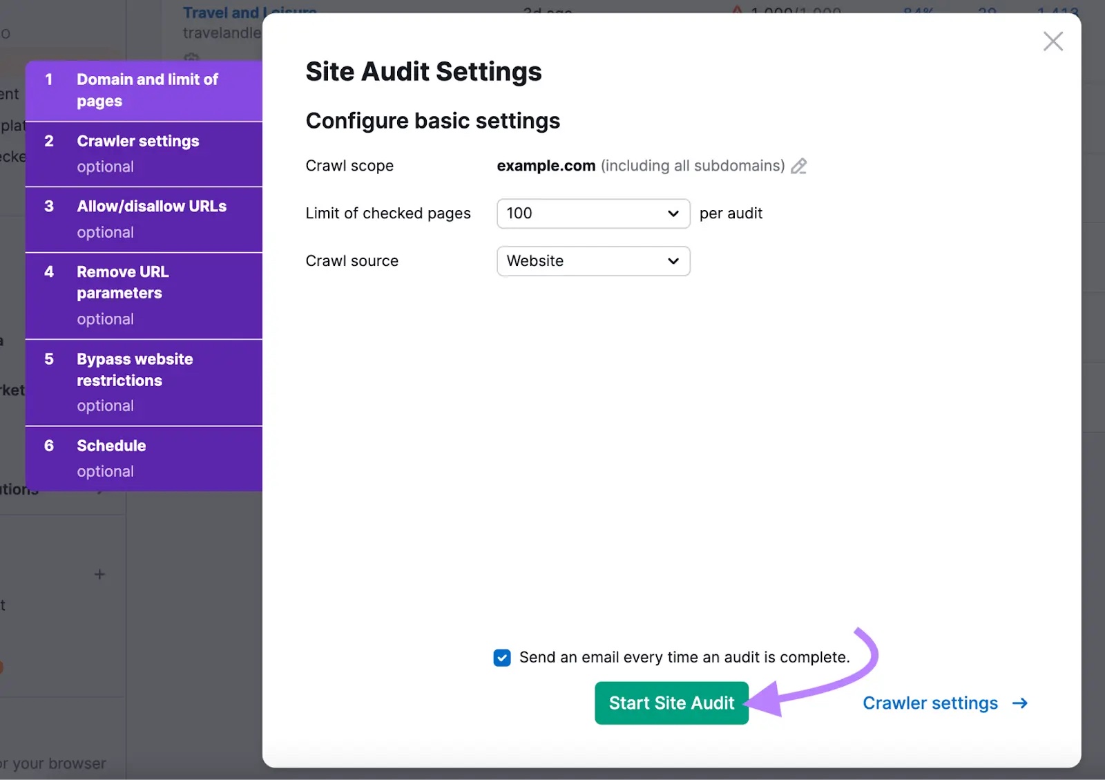 Site Audit Settings page to select crawl scope, source and limit of checked pages with "Start Site Audit" clicked