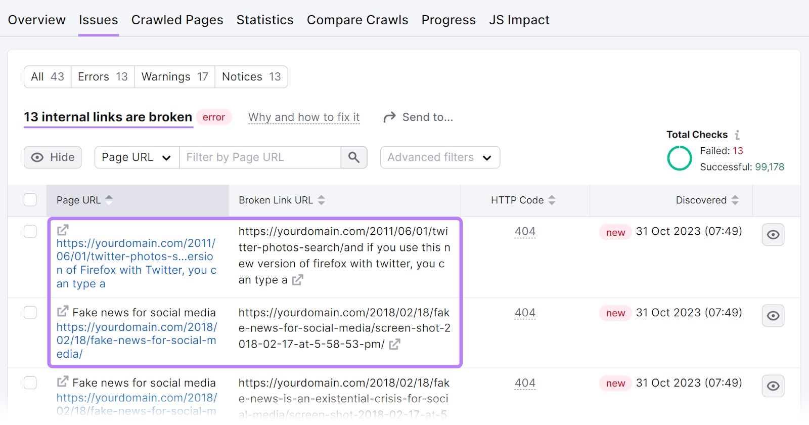 A list showing a section of 13 internal links that a broken