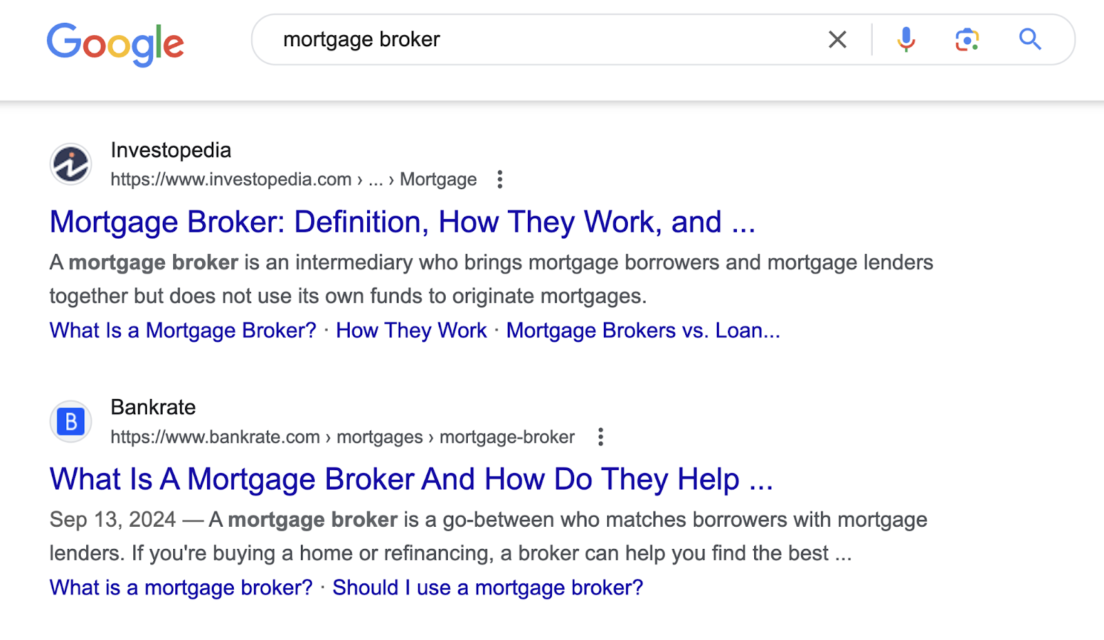 search engine results page for "mortgage broker" shows webpages that answer what a mortgage broker is and how they work