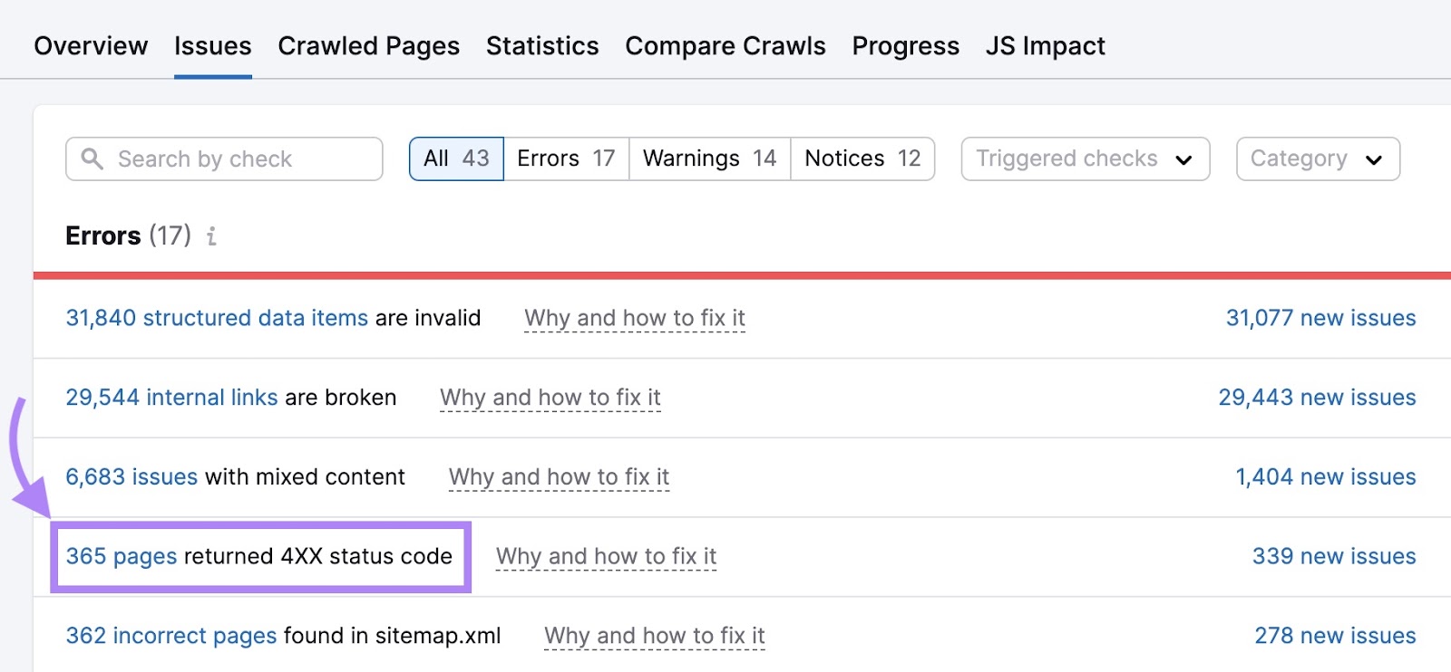 "365 pages returned 4XX status code" highlighted and clicked on Site Audit Errors