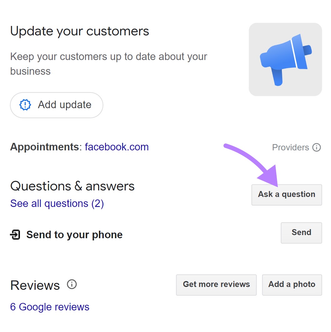 “Ask a question” button highlighted in a business listing
