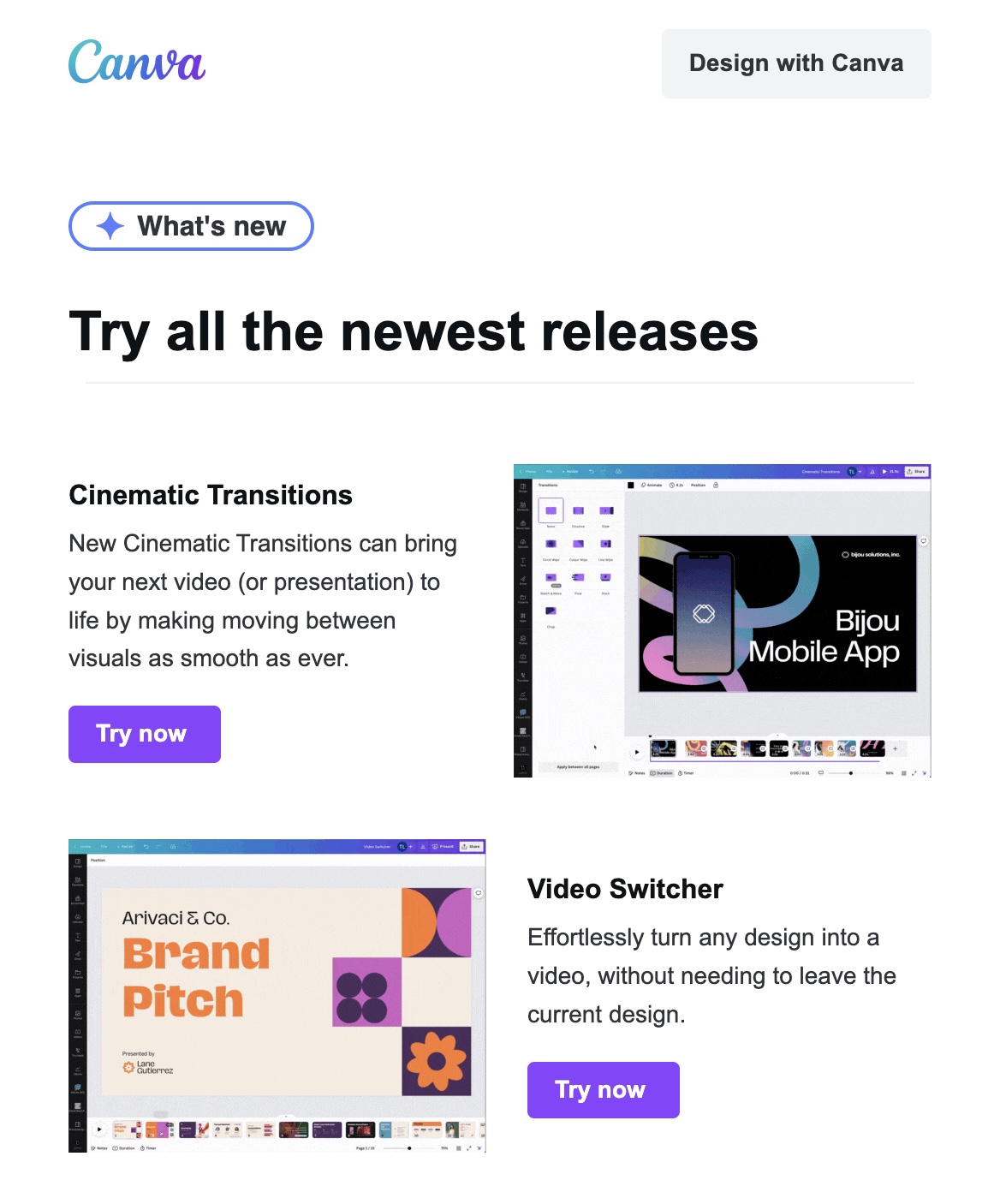 Email by Canva highlighting new features to existing customers.